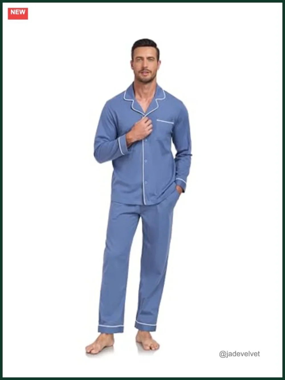 100% Cotton Men's Pajama Set Long Sleeve Sleepwear V-Neck Button Down with